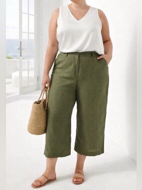 Boden Primrose 100% Linen Wide Leg Cropped Trousers Olive Green Vacation 20/22R